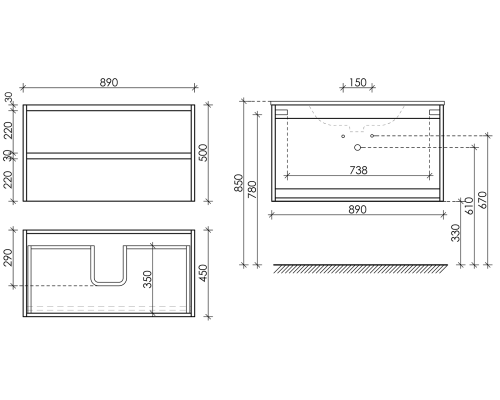 Тумба под раковину SANCOS Libra 890х450х500, c двумя ящиками, белый глянец