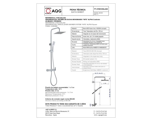 Душевая система AQG Alpha, cо смесителем и верхним душем хром