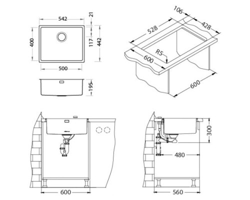 Кухонная мойка Alveus Kombino 50 1114489 нержавеющая сталь в комплекте с сифоном