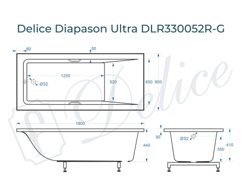 Ванна из литьевого мрамора Delice Diapason Ultra с узким бортом 180х80 глянцевая с ручками Хром