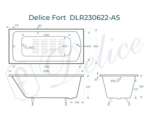Ванна чугунная Delice Fort 200х85 с антискользящим покрытием