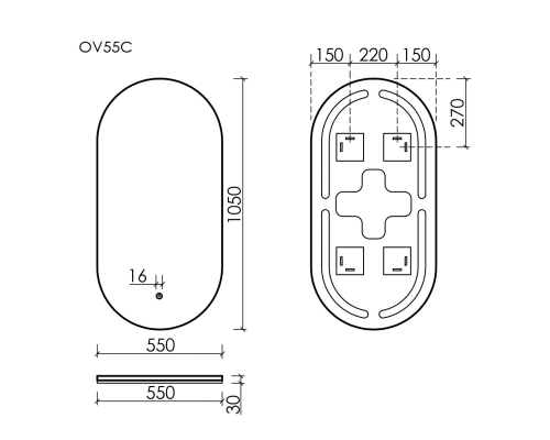 Зеркало для ванной комнаты Sancos Oval, фоновая подсветка 550х1050 с сенсором, OV55C