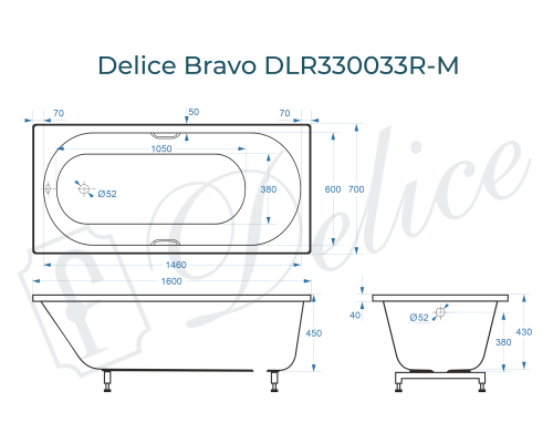 Ванна из литьевого мрамора Delice Bravo 160х70 матовая с ручками Хром