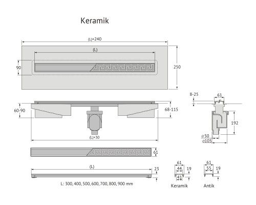 Душевой лоток BERGES напольный B1 Keramik 800  вертикальный
