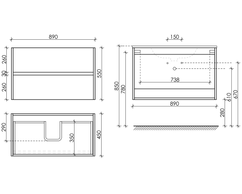 Тумба под раковину SANCOS Urban 890х450х550, c двумя ящиками, белый глянец
