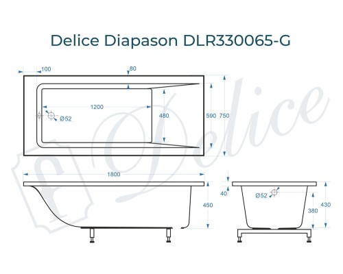 Ванна из литьевого мрамора Delice Diapason 180х75 глянцевая