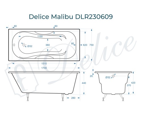 Ванна чугунная Delice Malibu 170х75
