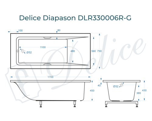 Ванна из литьевого мрамора Delice Diapason 170х75 глянцевая с ручками Хром