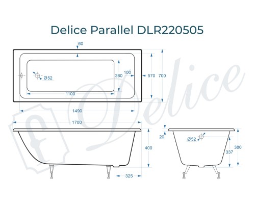 Ванна чугунная Delice Parallel 170х70, без ручек