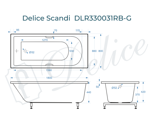 Ванна из литьевого мрамора Delice Scandi 180х80 глянцевая с черными ручками