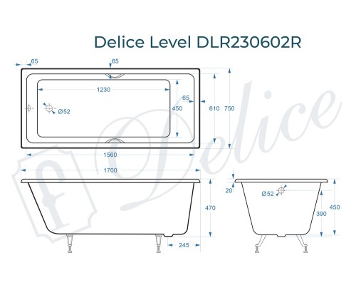 Ванна чугунная Delice Level 170х75 с отверстиями под ручки