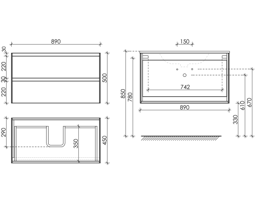 Тумба под раковину SANCOS Cento 890х450х500, c двумя ящиками, белый глянец