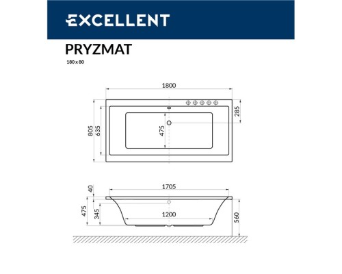 Ванна гидромассажная EXCELLENT Pryzmat 180x80 NANO золото
