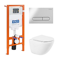 Комплект унитаза с инсталляцией BelBagno Amanda BB051CHR/BB051SC/BB002-80/BB005-PR-CHROME с сиденьем Микролифт и клавишей смыва Хром глянцевый