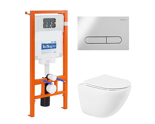 Комплект унитаза с инсталляцией BelBagno Amanda BB051CHR/BB051SC/BB002-80/BB005-PR-CHROME с сиденьем Микролифт и клавишей смыва Хром глянцевый