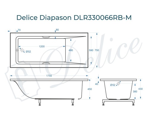 Ванна из литьевого мрамора Delice Diapason 175х75 матовая с черными ручками