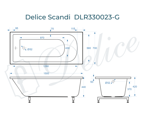 Ванна из литьевого мрамора Delice Scandi 150х70 глянцевая