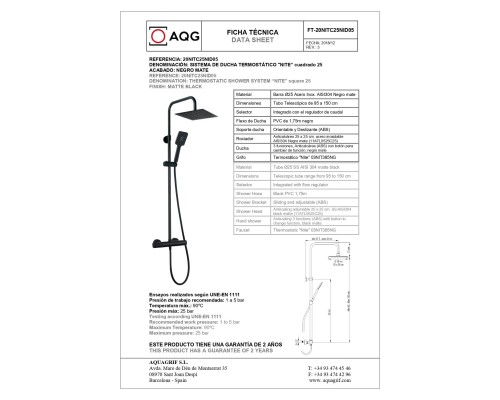 Душевая система AQG Nite, c термостатом и квадратным верхним душем черный матовый