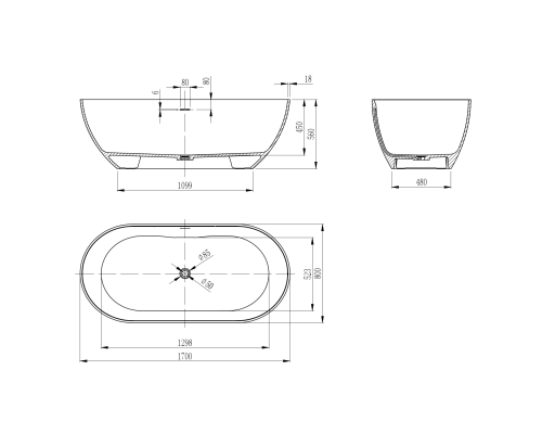 Ванна из искусственного камня Vincea VBT-4S04MW, 170x80x56, белый мат, со слив-переливом