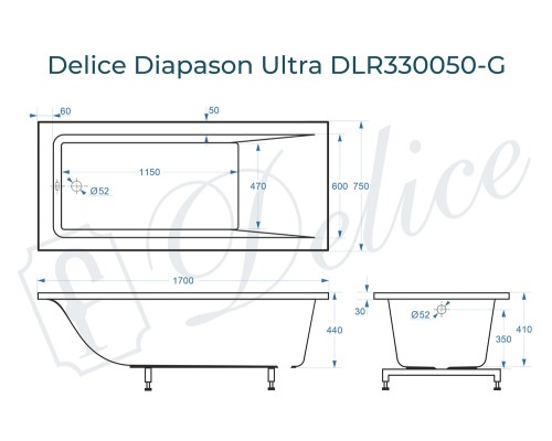 Ванна из литьевого мрамора Delice Diapason Ultra с узким бортом 170х75 глянцевая