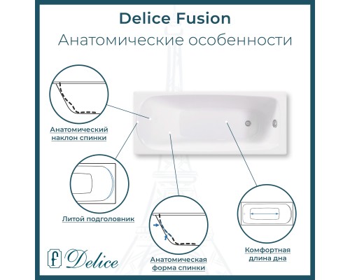 Ванна чугунная Delice Fusion 170х70 с отверстиями под ручки и антискользящим покрытием