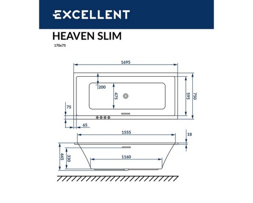 Ванна гидромассажная EXCELLENT Heaven Slim 170x75 LINE золото