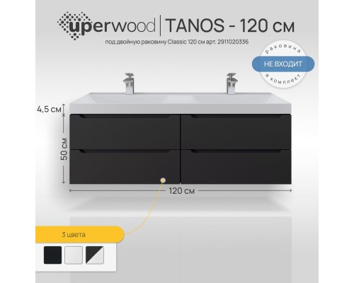 Тумба под двойную раковину подвесная Uperwood Tanos 120х45х50 см, черная матовая, 4 ящика