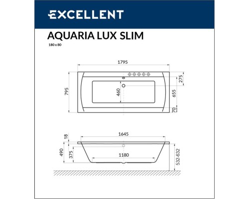 Ванна гидромассажная EXCELLENT Aquaria Lux Slim 180x80 RELAX белый
