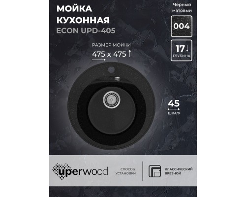 Кухонная мойка из искусственного камня Uperwood ECON UPD-405-004, круглая, черная матовая