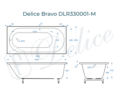 Ванна из литьевого мрамора Delice Bravo 180х80 матовая