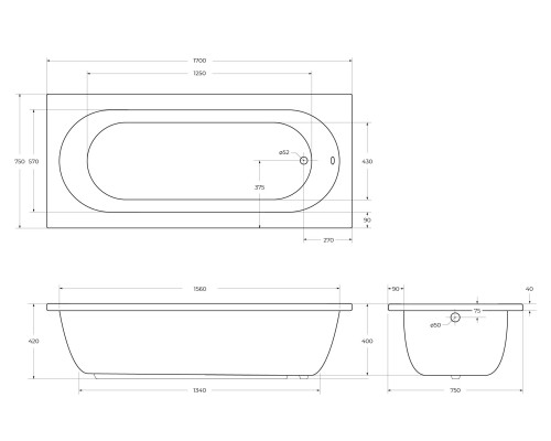 Акриловая ванна Cezares Piave 170x75 PIAVE-170-75-42-W37 без гидромассажа