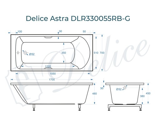 Ванна из литьевого мрамора Delice Astra 170х70 глянцевая с черными ручками