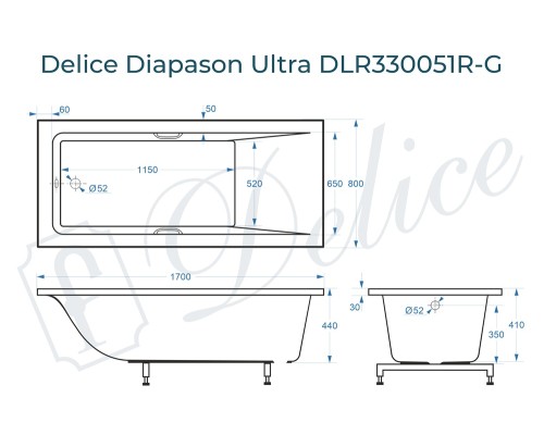 Ванна из литьевого мрамора Delice Diapason Ultra с узким бортом 170х80 глянцевая с ручками Хром