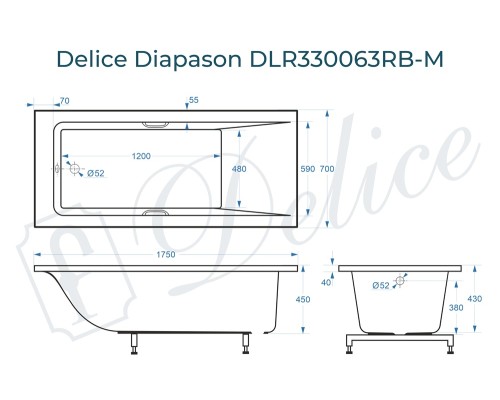 Ванна из литьевого мрамора Delice Diapason 175х70 матовая с черными ручками