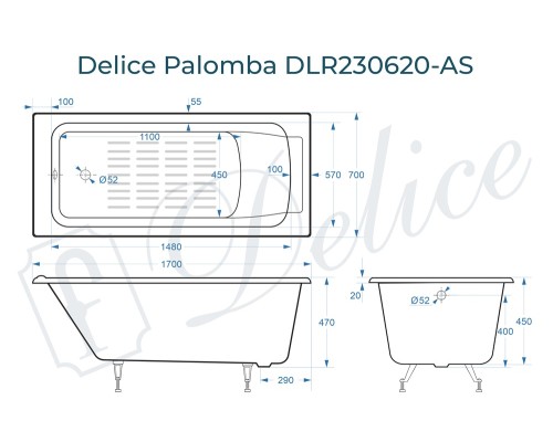 Ванна чугунная Delice Palomba 170х70 с антискользящим покрытием