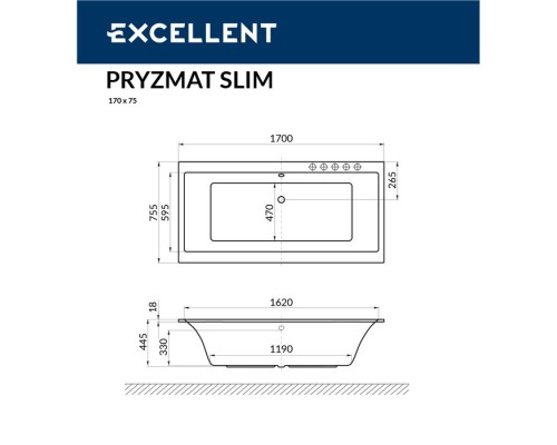 Ванна гидромассажная EXCELLENT Pryzmat Slim 170x75 NANO золото