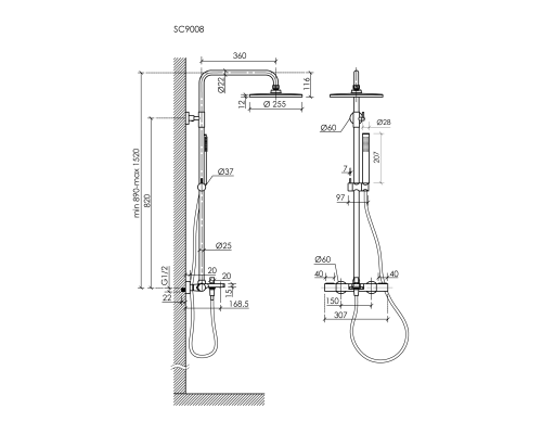 Душевая система с термостатом и изливом SANCOS Etna, брашированное золото, SC9008BG