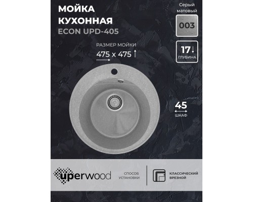 Кухонная мойка из искусственного камня Uperwood ECON UPD-405-003, круглая, серая матовая