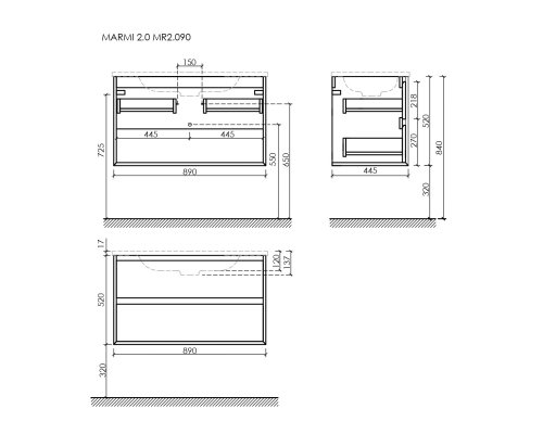 Тумба под раковину подвесная Sancos Marmi 2.0 89х44 с доводчиками, дуб галифакс, MR2.090EG