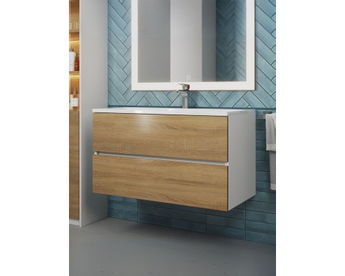 Тумба под раковину 90 см, Uperwood Barsa, белая/дуб сонома