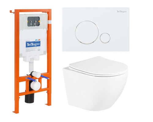 Комплект унитаза с инсталляцией BelBagno Uno BB3105CHR/SC/BB002-80/BB014-SR-BIANCO с сиденьем Микролифт и Белой клавишей смыва