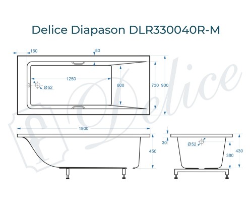Ванна из литьевого мрамора Delice Diapason 190х90 матовая с ручками Хром