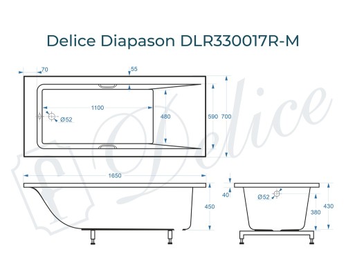 Ванна из литьевого мрамора Delice Diapason 165х70 матовая с ручками Хром
