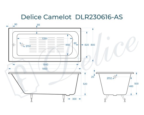 Ванна чугунная Delice Camelot 180х80 с антискользящим покрытием