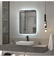 Зеркало Reflection Black View с подсветкой, бесконтактным сенсором, часами 60х70