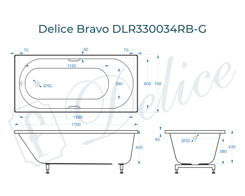 Ванна из литьевого мрамора Delice Bravo 170х70 глянцевая с черными ручками