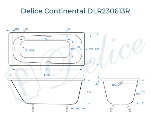 Ванна чугунная Delice Continental 170х70 с отверстиями под ручки