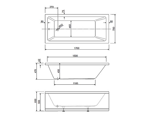 Акриловая ванна Cezares Plane Solo 170x75 PLANE SOLO-170-75-45-W37 без гидромассажа