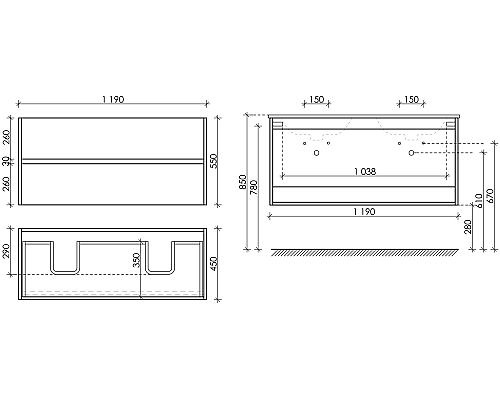 Тумба под раковину SANCOS Urban 1190х450х550, c двумя ящиками, дуб галифакс натуральный