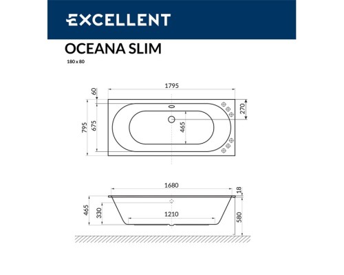 Ванна гидромассажная EXCELLENT Oceana Slim 180x80 NANO золото